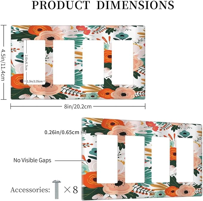 Rustic Floral Boho Colorful Flower 4 Gang Rocker Decora Light Switch Cover Outlet Covers Wall Plate Decorative Switchplate Electrical Faceplate GFCI for Farmhouse Bathroom Bedroom Kitchen Decor