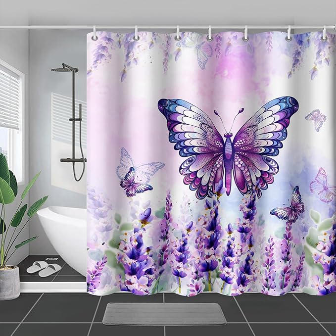 AILONEN Girls Butterfly Shower Curtain for Bathroom,Purple Blooming Lavender Flower Floral Butterfly Printed Bath Curtain 36" W*72" H Polyester Fabric Waterproof Bathroom Curtain with 12 Hooks