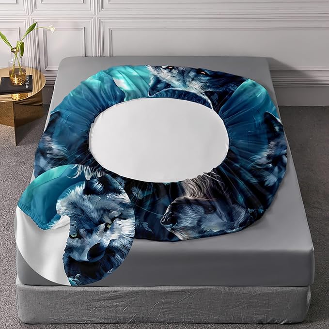 AILONEN Boys Wolf Fitted Sheet Set Full Size, 3 Pieces Wildlife Bed Sheet Set,Evening Moon Wolf Sheet Set for Boys Teen Men,Wolves Print Fitted Sheet with 2 Pillowcases