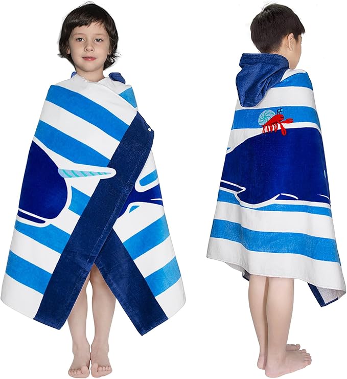 Toddler Bath Towel Hooded - Cotton Kids Beach Towel 30"x50" for Ages 3 to 10, Soft Terry Poncho Towel as Pool Swim Cover Ups for Girls Boys (Narwhal Blue)