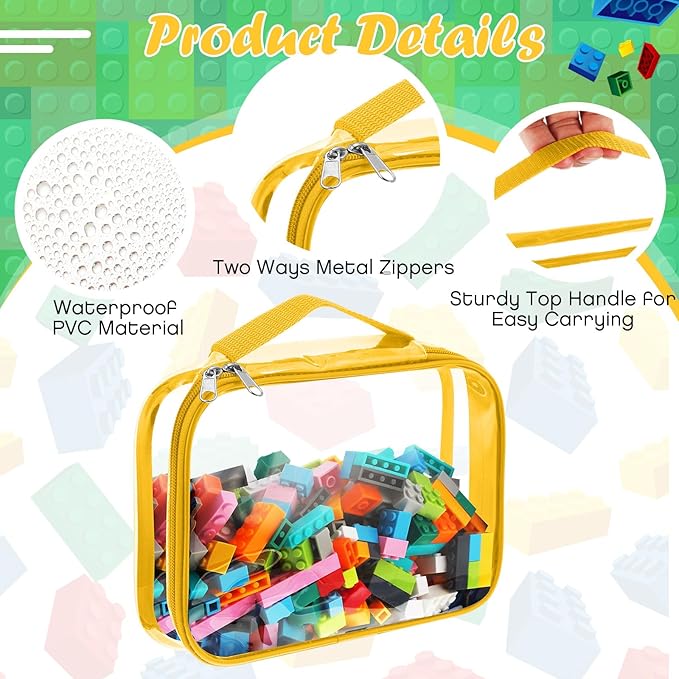 Sanwuta 3 Packs Toy Storage Bags with Zipper, Clear PVC Organizing Bags, Waterproof Toy Bags for Board Games, Building Blocks, Toys and Kids Books (Blue, Yellow, Green,10.24 x 7.09 x 2.36 Inch)