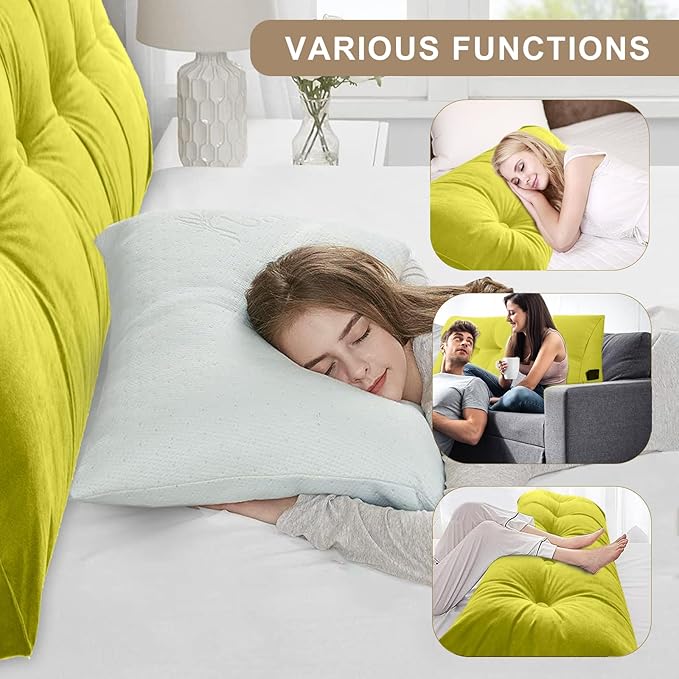 Large Triangular Headboard Pillows Long Backrest Positioning Support Bolster Cushion for Daybed Fluffy Quality Plush Body Wedge Pillow with Removable Cover(Yellow Green-King-76x8x20in)