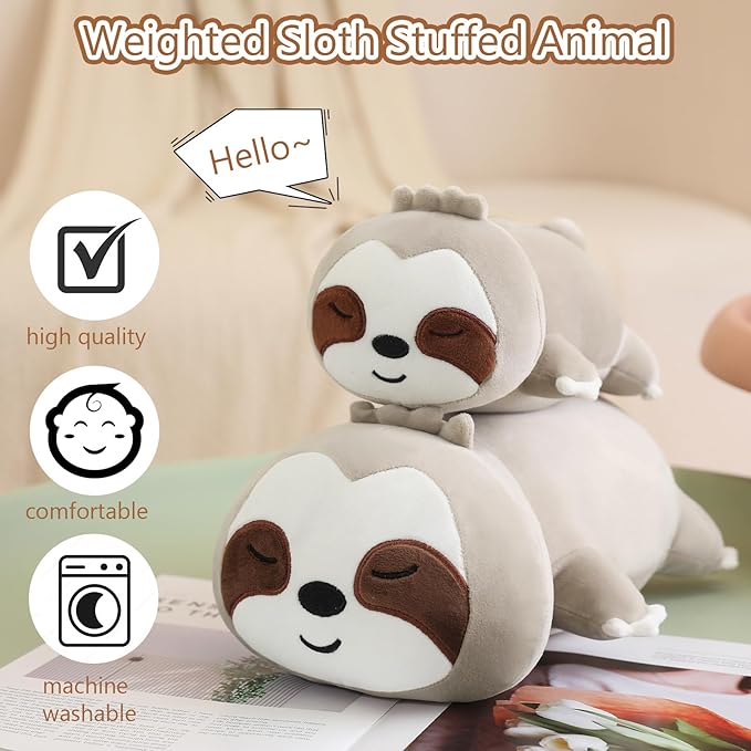 SQEQE Weighted Sloth Plush, Weighted Sloth Stuffed Animal for Anxiety, Cute Sloth Plushies Sloth Pillow Toy Gift for Kids Adults Brown 13.8 Inch, 1.6 lbs