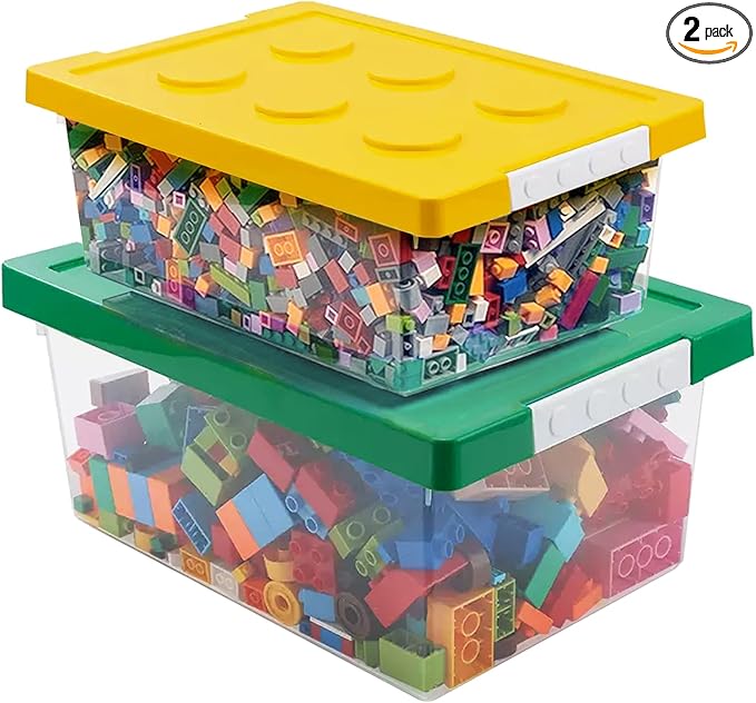 loobuu Plastic Storage Bins with Lids - Stackable Toy Storage Organizer Box Set of 2, Kids Toy Chests with Compatible Building Baseplate and Lid, Storage Container for Building Bricks - Yellow+Green