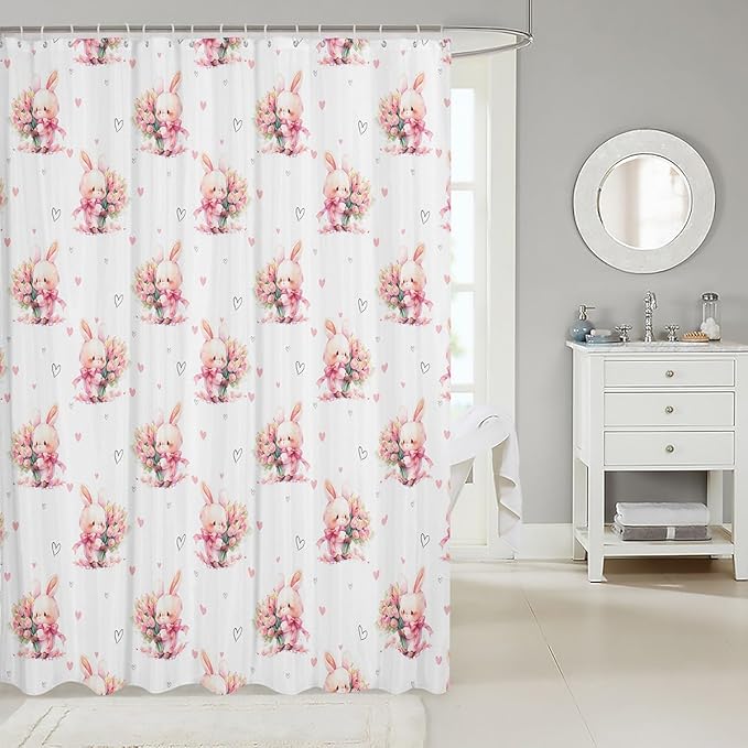 Cute Rabbits Kids Shower Curtains,Tulip Flowers Love Heart Romantic Bathroom Curtains for Girls Boys,Happy Easter Cartoon Animals Pink Kawaii Waterproof Curtains,12 Hooks Suits,72" W x 84" L