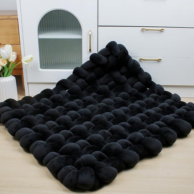 XHJRI Thickened Braided Knot Seat Mat, Knotted Floor Decorative Cushion, Handmade Baby Infant Playing Pad Nursery Rug (27.5 * 31.5 Inch,Black)