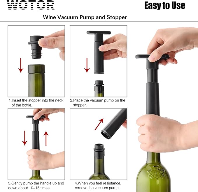 Wine Saver Vacuum Pump with 4 Stoppers, Wine Stopper, Wine Preserver, Reusable Bottle Sealer Keeps Wine Fresh, Ideal Wine Accessories Gift (Flat Handle)