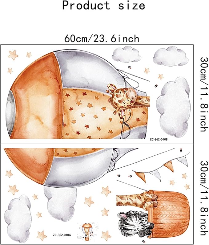 Waterproof Removable Vinyl PVC Hot Air Balloon Zebra Giraffe Safari Animal Wall Decal Wall Sticker Decor Wallpaper Peel Art for Nursery Kidsroom School Classroom Livingroom Bedroom Bathroom