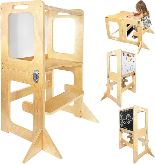 Kitchen Step Stool for Kids 5 in 1 Montessori Kitchen Tower for Kids, Kids Step Stool Standing Tower, Natural Wood