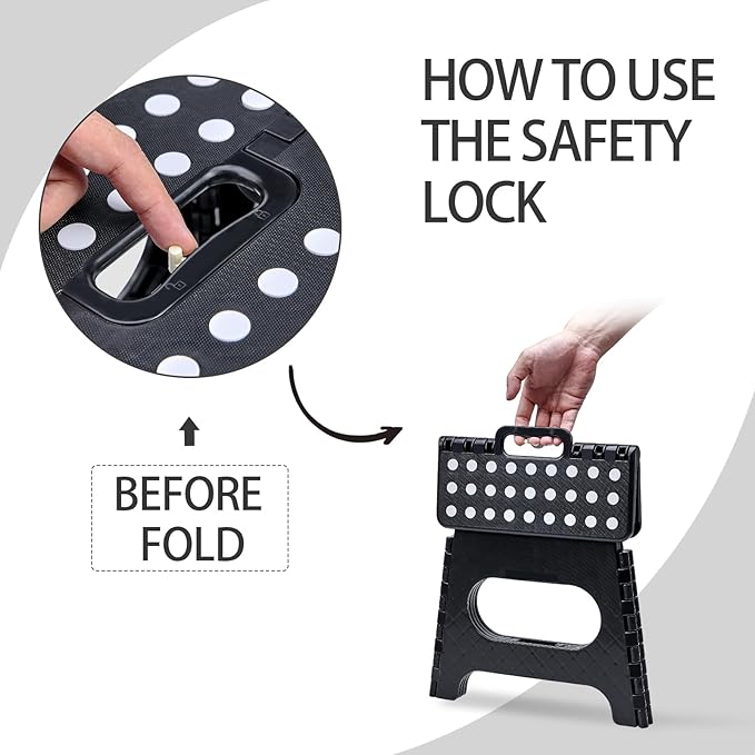 Folding Step Stool with Safety Lock, 11 Inch Pastic Foldable Stool for Adults & Kids, Portable Stepping Stool for Bathroom, Kitchen, with Anti-Skid Dots, Hold Up to 250lbs (Black, 11 Inch)