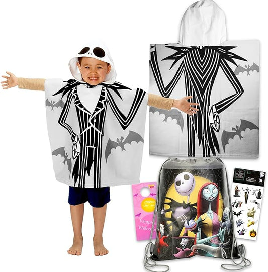 The Nightmare Before Christmas Nightmare Before Christmas Hooded Towel Travel Set for Kids - Bundle Bath Towel Poncho Plus Travel Bag, Stickers, More | Nightmare Before Christmas Bathroom Set