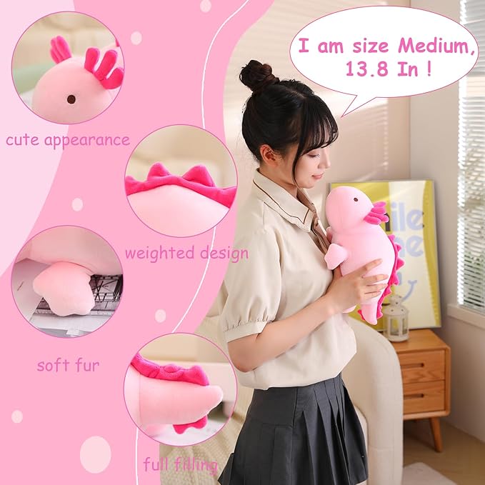 SQEQE Weighted Axolotl Plush Toy, Pink Axolotl Stuffed Animals Cute Axolotl Plush Pillow, Cute Weighted Stuffed Animals Gifts for Girls & Boys Age 3-12 (13.8" | 1.6 lbs, Pink Axolotl)