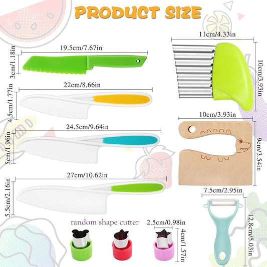 10PCS Kids Knife Set , Toddler Knife Set Kids Safe Knives for Real Cooking Serrated Edges Kids Cooking Utensils Kitchen Tools for Toddlers , Potato Slicers Cooking Knives Cake Scraper