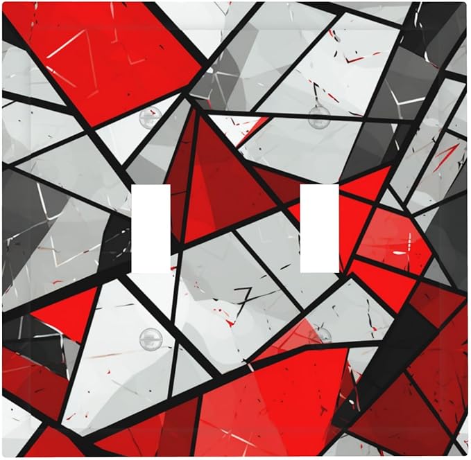 Red Gray Black White Geometric Double Toggle Light Switch Covers 2 Gang Wall Plate Dual Decorative Switchplate Electrical Faceplate for Bathroom Country Kitchen Bedroom Decor, 4.9" x 5"