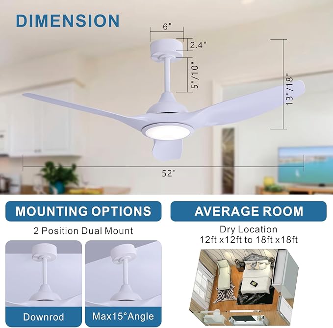 52 inch Ceiling Fan with Light and Remote Control, for Indoor or Covered Outdoor, LED White Morden Quite DC Motor 3 Colour Temperature, Living Room Master Bed Room Patio (52in)