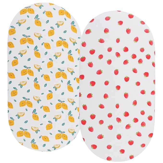 Bassinet Sheets (33" x 19") Compatible with Mika Micky, Baby Delight, Dream On Me, Amke and Other Rectangle Mattress, 2 Pack Fitted Sheets, 100% Jersey Knit Cotton 190GSM, Lemon and Strawberry