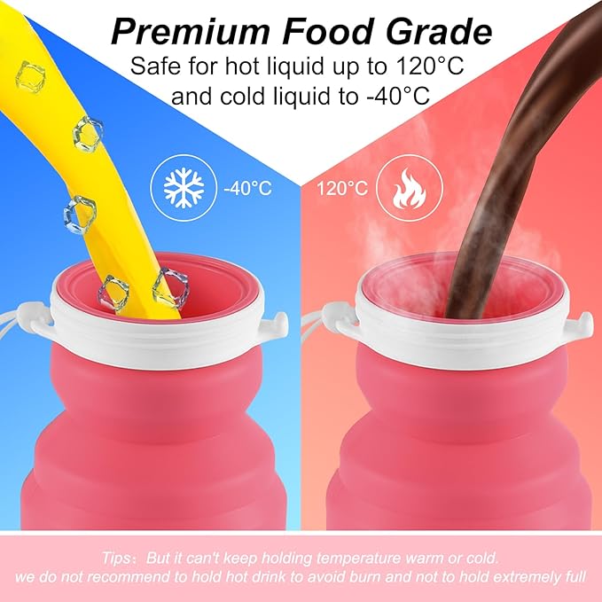 THAIOXYH® Collapsible Water Bottles 11 oz(320ml) Reuseable Foldable Portable BPA Free Silicone Collapsible Water Bottles for Traveling Hiking Camping Sports (pink)…