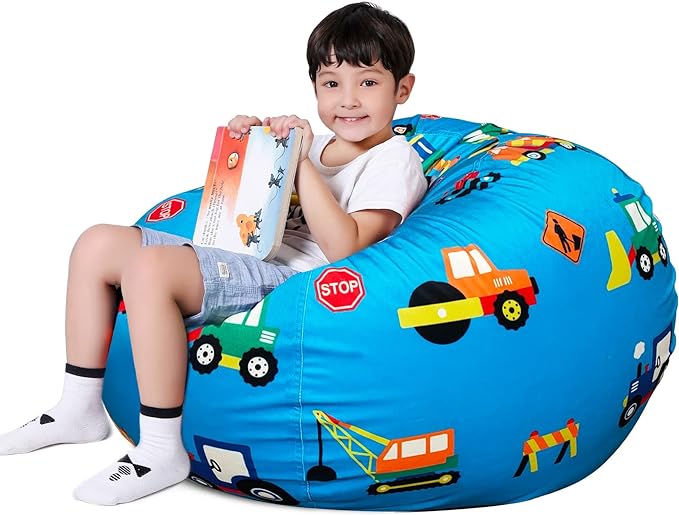 Lukeight Stuffed Animal Storage Bean Bag Chair Cover for Kids, Construction Zipper Beanbag Chair Cover for Organizing Toddler & Kids' Rooms Plush Toys (Construction Velvet, XX-Large)