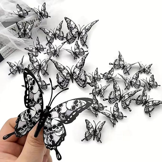 Halloween Wall Stickers 12Pcs Butterfly Wall Decor with Skull Design Halloween Wall Decals 3D Butterflys Wall Decorations Reusable Window Stickers for Halloween Party Home Room Art DIY Accessories