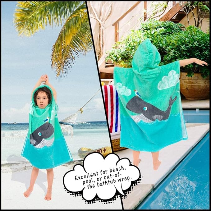 Toddler Hooded Beach Towel Coverup Cape Kids 100% Cotton Soft Quick Dry Absorbent Use for Swim Pool Bath Poncho Towels for 3 to 8 Years Old Children Size 24"x 55" in Full-Length (Whale Pattern)