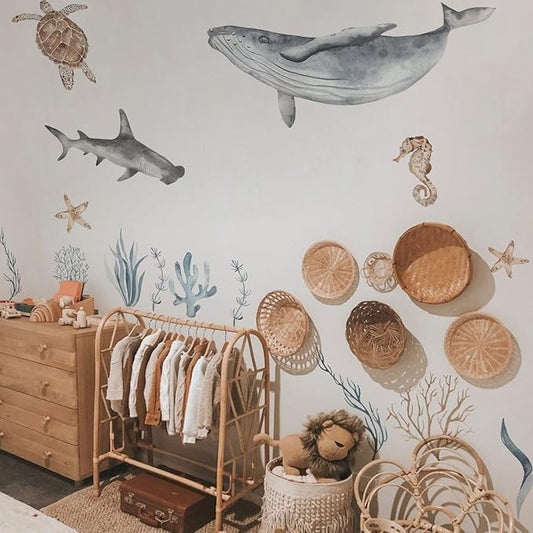 Removable Ocean Wall Stickers, Ocean Themed, Bathroom, Baby Room Sticker, Sea Animals, Removable Wall Stickers, for Baby Bedroom, Bathroom Decor