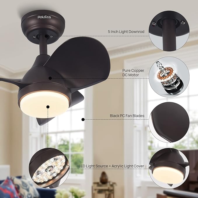 Ceiling Fans with Lights, Modern Ceiling Fan with Lights Remote Control, Flush Mount Ceiling Fan with LED Light, Reversible Quiet DC Motor for Bedroom Living Room(20 Inches)