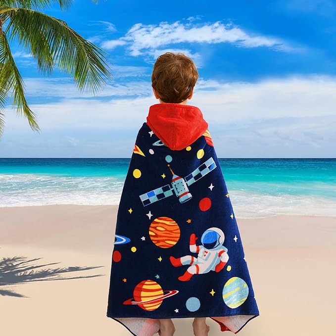 VOOVA & MOVAS Kids Hooded Towels Age 3-10, Soft | Thick | Absorbent Cotton Beach, Bath, Pool Towel | Wrap, Oversized for Boys Girls | Space Theme