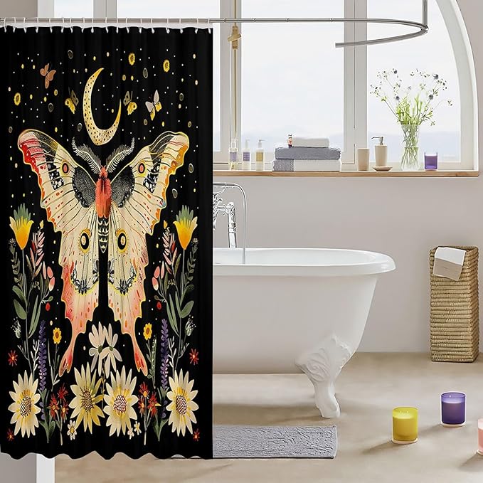 Feelyou Boho Butterfly Fabric Shower Curtain Bohemian Moth Shower Curtain for Kids Boys Girls Moon Galaxy Bathroom Waterproof Accessories with 12 Hooks Flower Weed Botanical Curtains,72X72 Inches