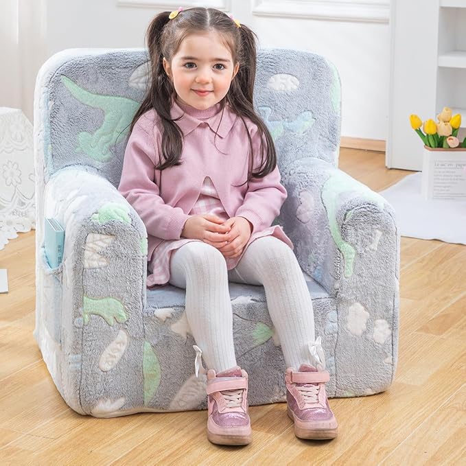 Snuggly-Soft Cuddly Toddler Plush Armchair for Boys and Girls Glowing Grey Fuzzy Plush Kids Sofa Couch Reading Chair with Children Friendly Handle for Easy Movement & Double Pockets for Storage