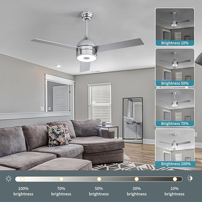 52 Inch Plated Finish Ceiling Fan with RGB Dimming LED Light,with Music Bluetooth Speaker,Remote Control,3-Speed Regulation,Reversible Motor,Timing,for Living Room,Bedroom,Restaurant,Outdoor