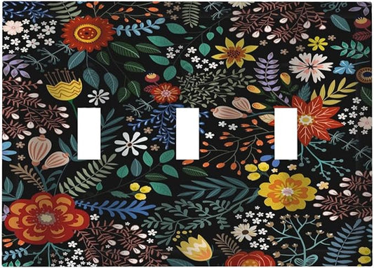 Vintage Colorful Flower Boho Floral Rustic Dark Leaves 3 Gang Light Switch Covers Triple Toggle Wall Plate Decorative Switchplate Electrical Faceplate for Farmhouse Country Bedroom Decor