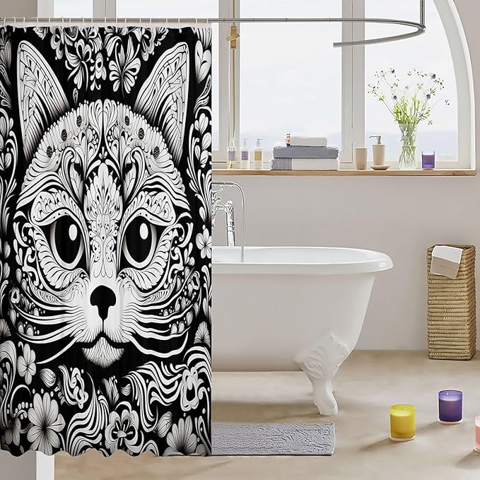 Feelyou Cute Cat Shower Curtain Damask Cat Fabric Shower Curtain for Kids Boys Girls Black White Cat Bathroom Waterproof Accessories with 12 Hooks Cartoon Cat Curtains,72x78 Inches