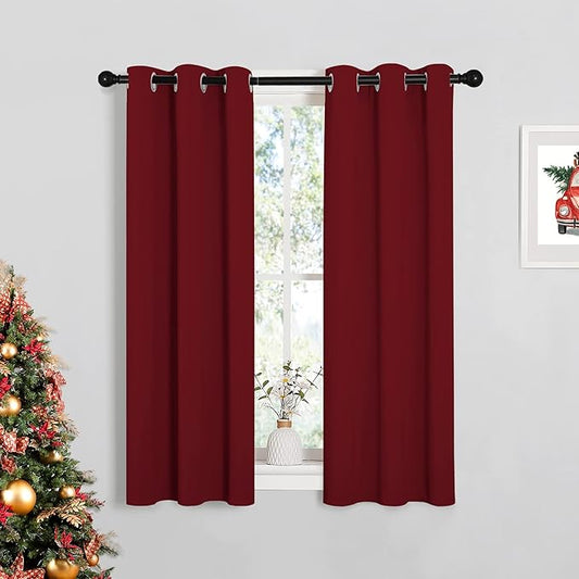 NICETOWN Christmas Burgundy Window Curtains Blackout Drapes, Thermal Insulated Solid Grommet Blackout Curtains/Draperies for Living Room (1 Pair, 29 by 45 inches, Burgundy Red)
