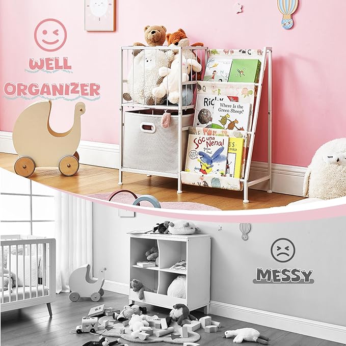 Kids Bookshelf and Toy Storage Organizer, 3 Tier Bookcase Book Shelf Stuffed Animal Storage with Toy Bins for Toddler Kids Rooms, Bedroom, Playroom, Nursery, Montessori Baby Toddler