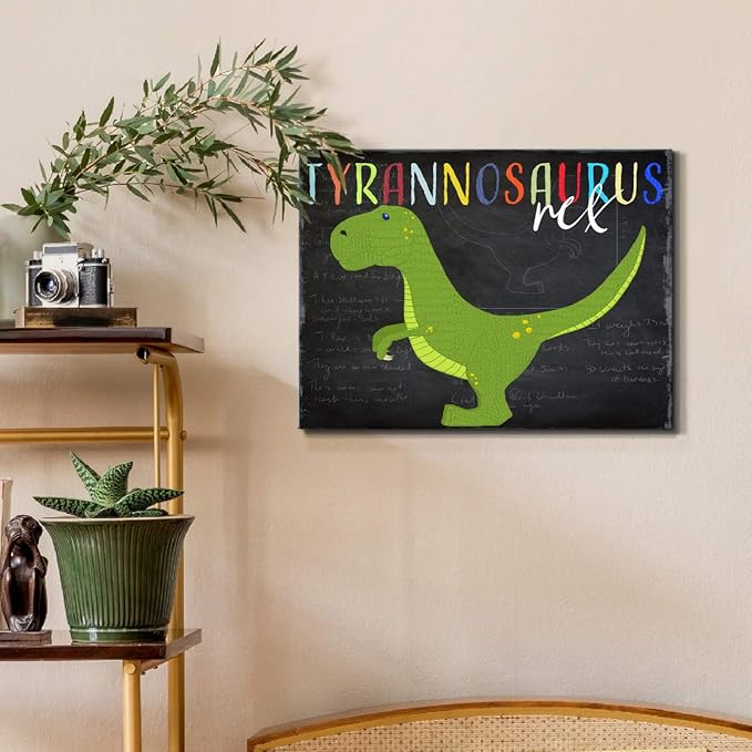 Renditions Gallery Canvas Animal Wall Art Modern Decorations Paintings Green Tyrannosaurus Rex Vibrant Dinosaur Canvas Wall Hanging Artwork for Kids Bedroom Nursery - 12"x18" LT33