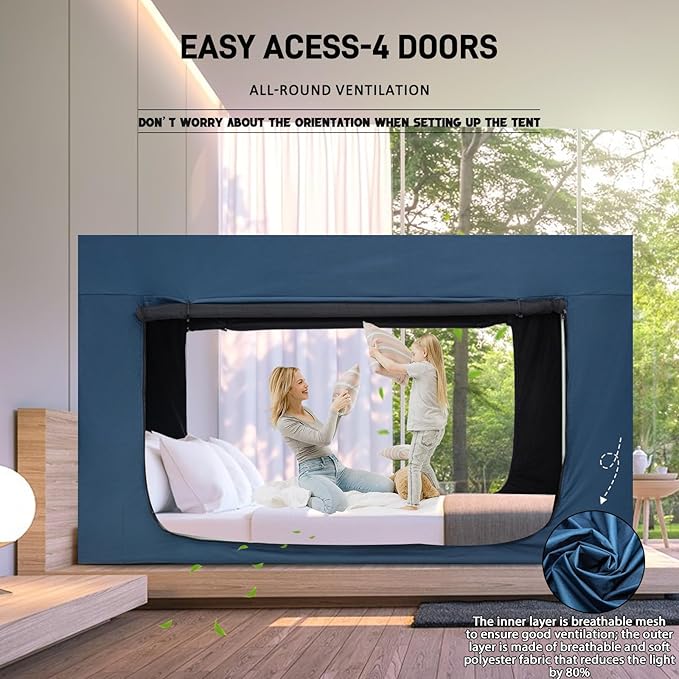 Quinnsus Bed Tent Bed Canopy Queen Size Tents for Adult and Kids - Portable Sleeping Bed Tents 80% Blackout with 4 Doors Breathable Private Space Tents(Mattress Not Included)