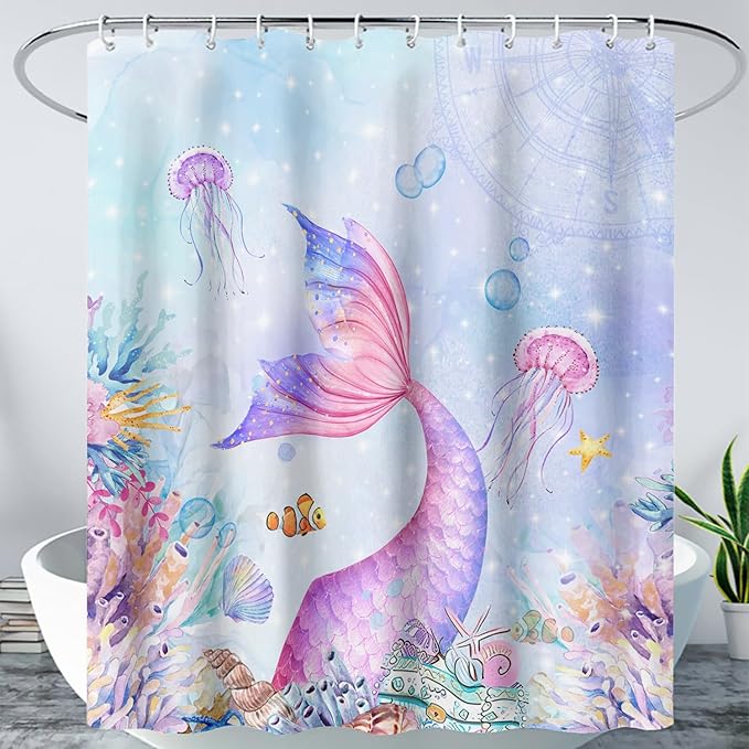 AILONEN Mermaid Shower Curtain,Blue Ocean Coral Jellyfish Coast Bathroom Curtain,Cartoon Mermaid Tail Print Kids Women Girls Bath Curtain 36" W*72" H Polyester Waterproof Shower Curtain with 12 Hooks
