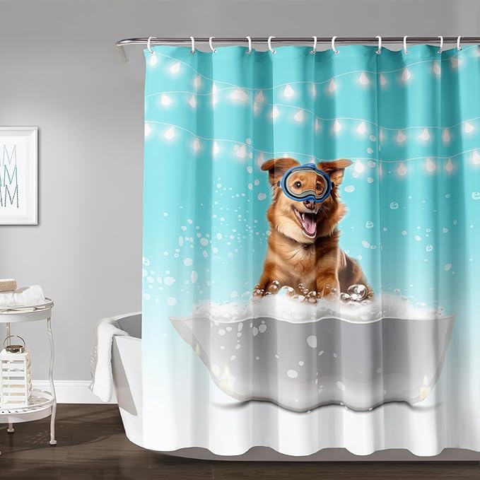 AILONEN 3D Bathtub Dog Shower Curtain for Kids 72" W*78" H Inch,Kawaii Diving Dog Sitting in a Bathtub Shower Curtain,12 Pack Hooks Polyester Waterproof Fabric Decor for Bathroom Bathtub Panels