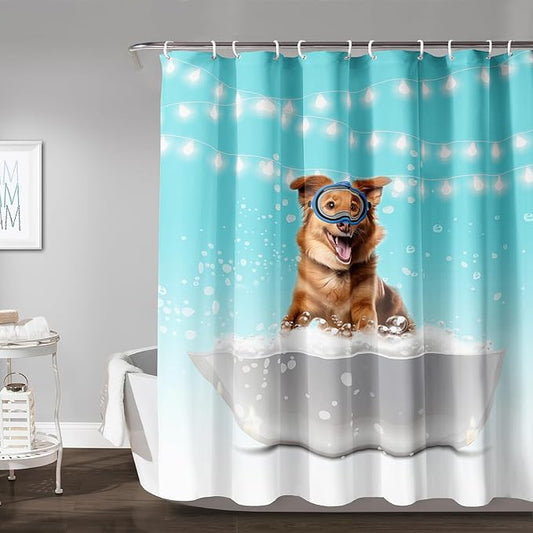 AILONEN 3D Bathtub Dog Shower Curtain for Kids 72" W*72" H Inch,Kawaii Diving Dog Sitting in a Bathtub Shower Curtain,12 Pack Hooks Polyester Waterproof Fabric Decor for Bathroom Bathtub Panels