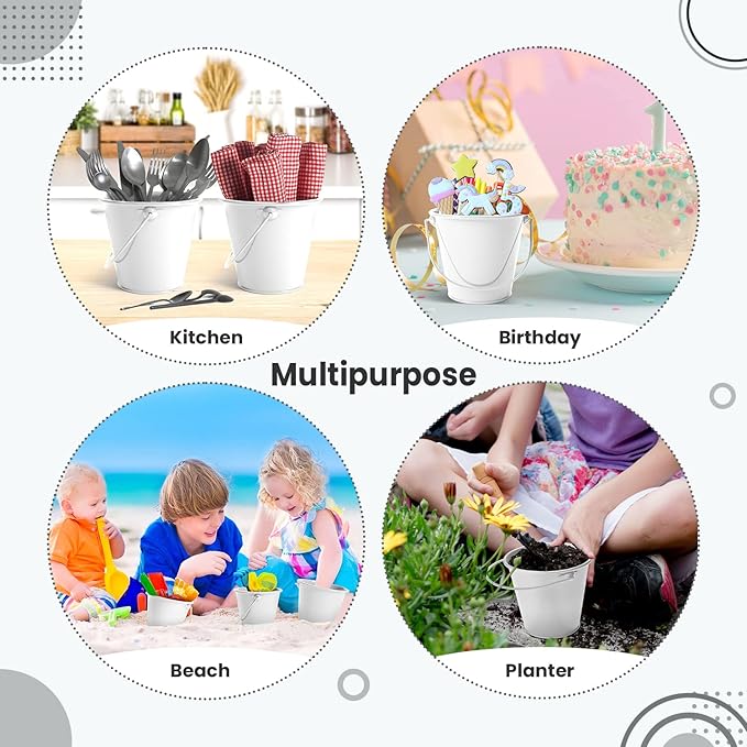 Small Metal Buckets with Handle 6 Pcs – Galvanized Bucket Leak Proof & Rust Resistant 20 fl oz Capacity - Best for Party Décor, Organizing & Decorating Classrooms (White, Small 4.3" Top)