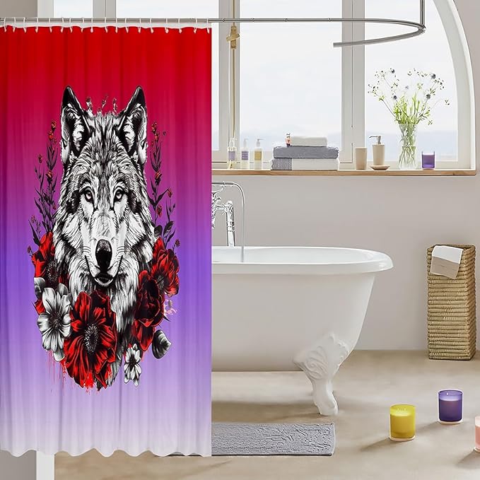 Feelyou Rose Wolf Bath Curtain Wolf Shower Curtain for Boys Girls Wolves Howling Bathroom Shower Curtain Set Wolf Life Kids Bathroom Accessories Animal Wolves 72"x78"