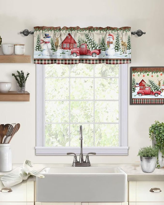 Vandarllin Christmas Farmhouse Kitchen Curtains Valances for Windows Snowman Farm Red Truck Rod Pocket Window Treatment for Kitchen/Living Room/Bedroom/Bathroom,42" X 12" -1 Panel, Winter Holiday