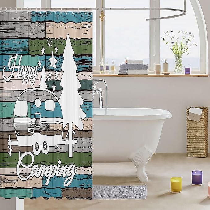 Feelyou Happy Camping Shower Curtain Camper Fabric Shower Curtain Kids Boys Girls Camping Print Decor Bathroom Waterproof Accessories with 12 Hooks Rustic Vintage Farmhouse Style Curtains,72x72 Inches
