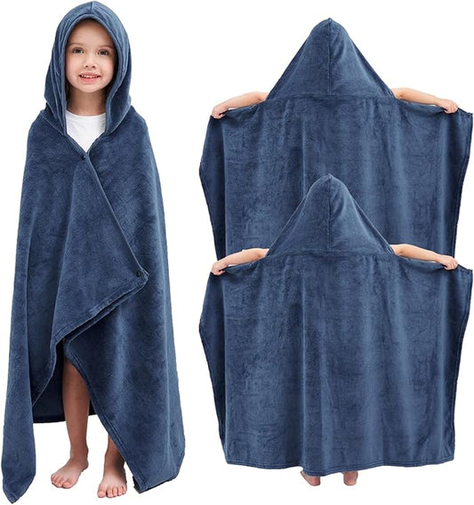 Hiturbo 2Pcs Kids Fleece Hooded Towel: Soft Plush Warm Blanket - 50"x30" Pool Beach Bath Swim Towel Wrap for 3-12 Yrs (Navy)
