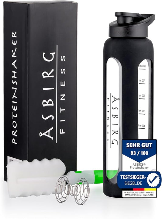 Fitness Glass Protein Shaker 1 Litre Protein Shaker Drinking Bottle with Spiral Ball Black 1000 ml