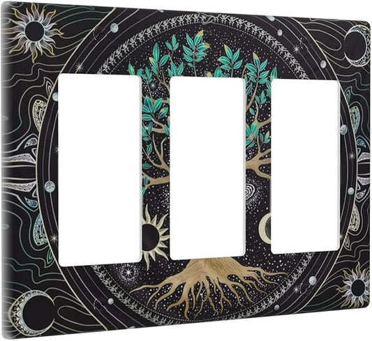 Tree of Life Blackground 3 Gang Rocker Light Switch Plate Hippie Sun Moon Star Triple Decora Outlet Wall Plate Cover Faceplate Decorative Switchcovers GFCI for Bathroom Bedroom Living Room Decorate