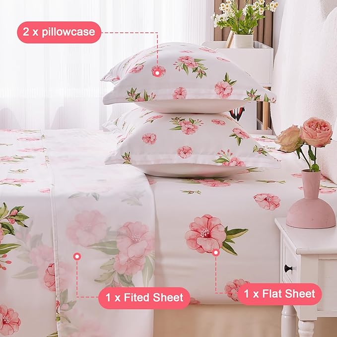 Full Size Bed Sheets Set White Pink Floral Bed Sheets Girls Cute Microfiber Cooling Sheets 4 Pieces Kids Full Bed Set Wrinkle Free, 15 inch Deep Pocket Fitted Sheet, Flat Sheet, Pillowcases