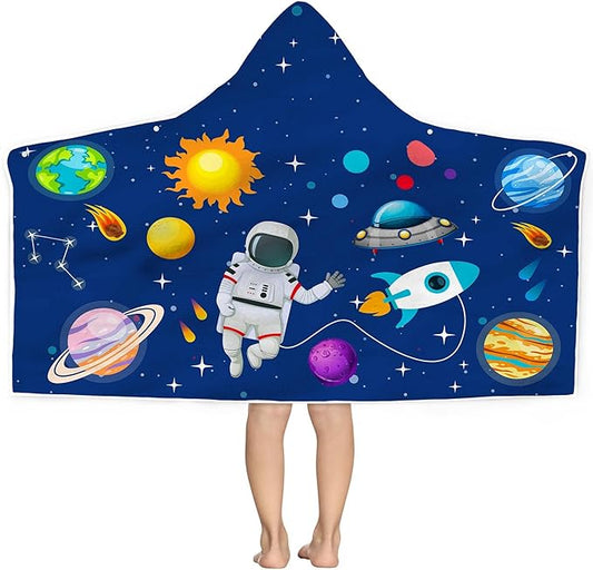 Spaceman Hooded Beach Towel for Kids, Cute Space Man Bath Towel with Hood, Boy Microfiber Super Absorbent Soft Poncho Bathrobe for Swin Pool 30" x 50”
