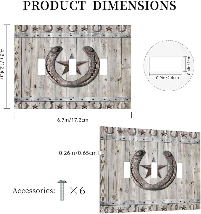 Rustic Western Wood Barn Door Horseshoe Iron Star 3 Gang Light Switch Covers Triple Toggle Wall Plate Decorative Switchplate Electrical Faceplate for Farmhouse Country Bedroom Decor