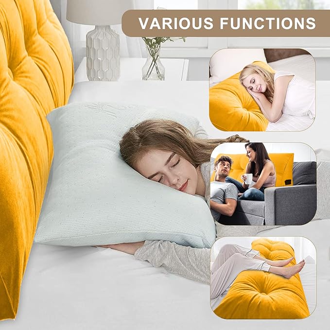 Large Triangular Headboard Pillows Long Backrest Positioning Support Bolster Cushion for Daybed Fluffy Quality Plush Body Wedge Pillow with Removable Cover(Light yellow-King-76x8x20in)